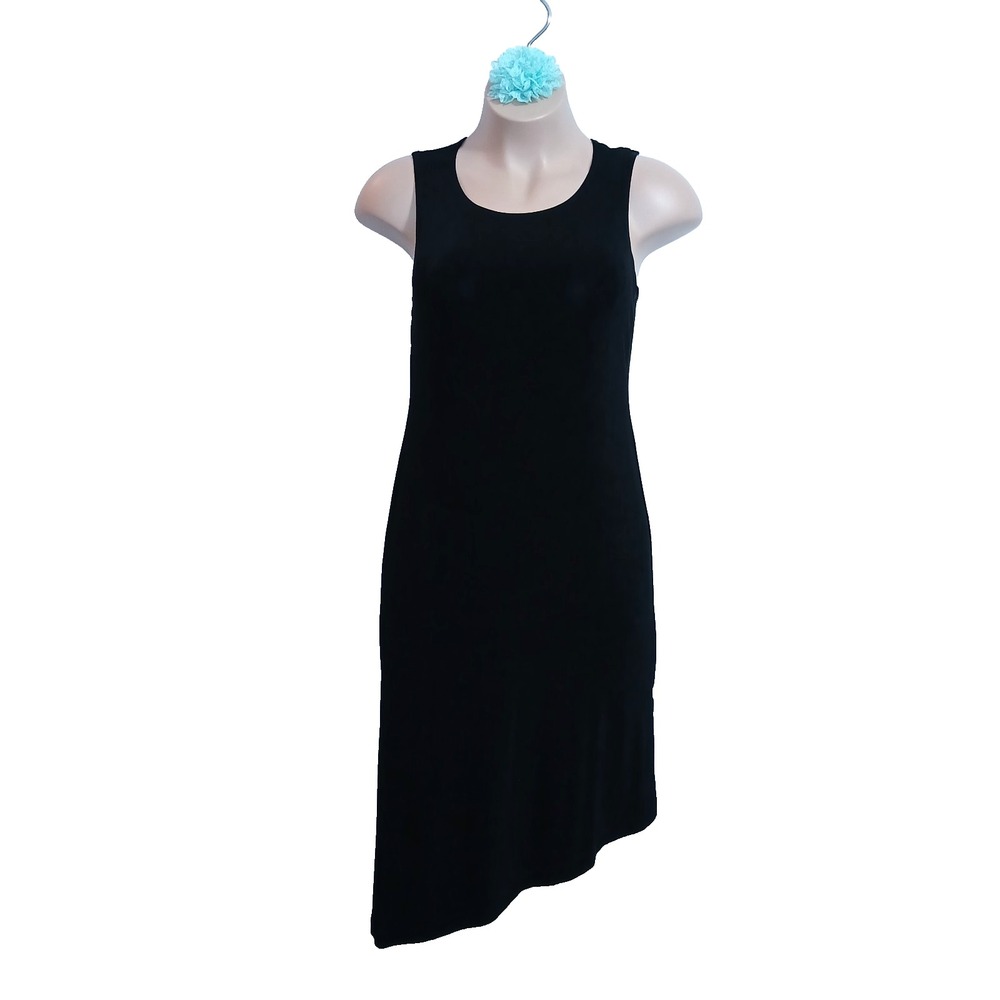 Chico's Travelers Women Tank Dress 2 L Black Asymmetric Hem Slinky Minimalist